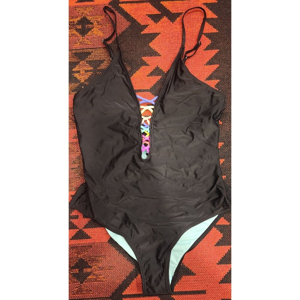 NEW Black Multicolor Strappy One Piece Swimsuit. XL